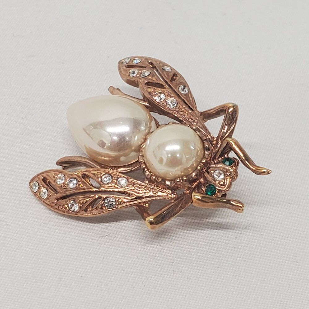 Roman Rose Gold Tone Fly Bug Brooch Faux Pearl Pin Green Eyes Rhinestones